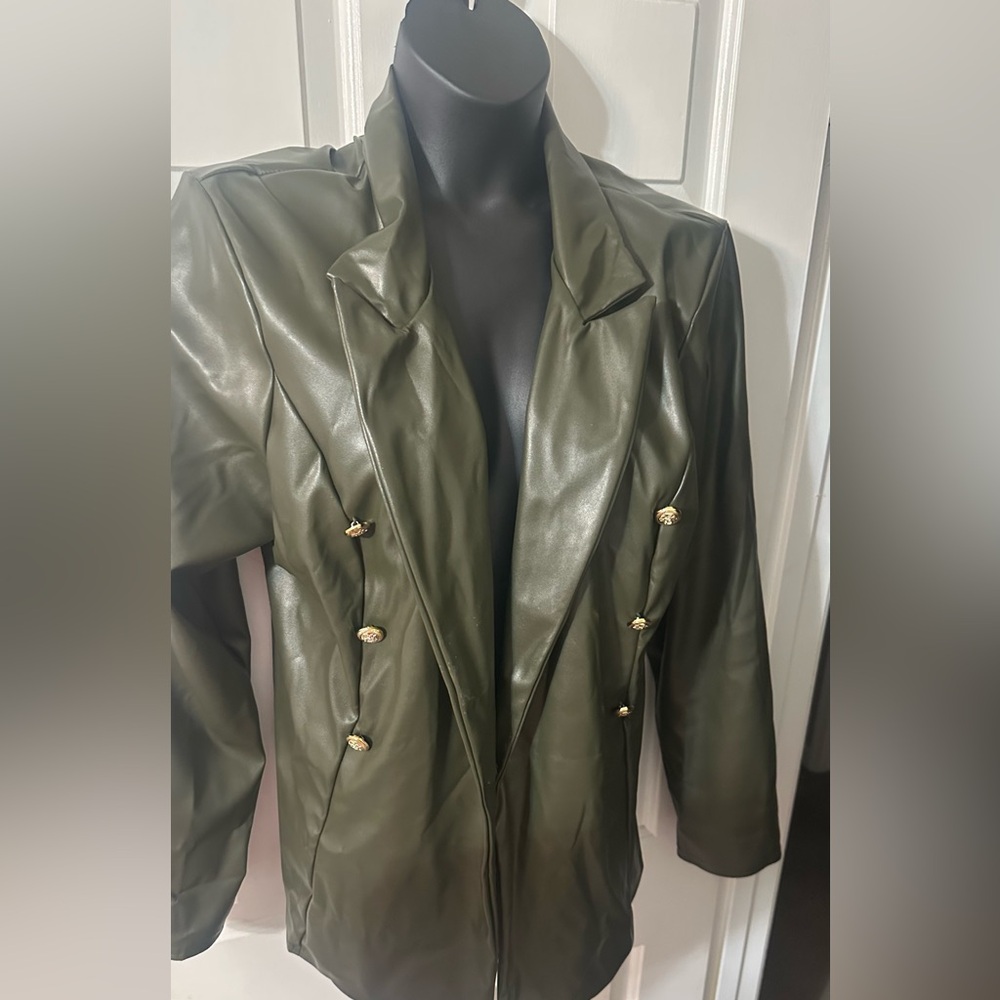 Olive Faux Leather Blazer with Gold Buttons